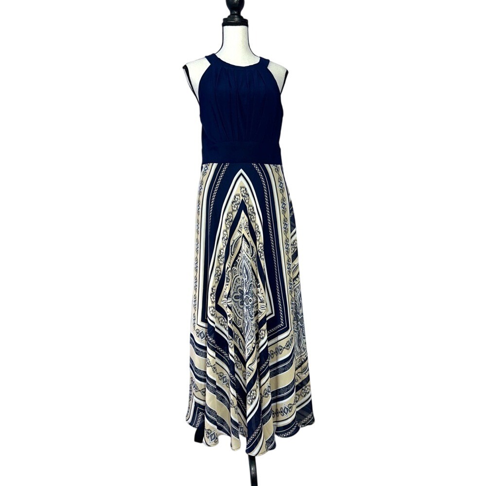52seven Women's Navy Tan Sleeveless Popover Maxi Dress Size 6‎